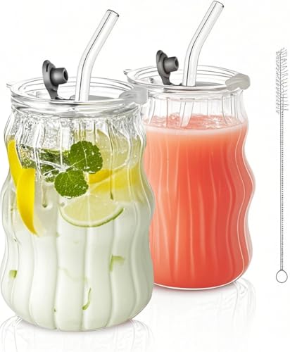 ALINK 18 oz Ribbed Glass Tumblers with Lids and Straws 2 Pack Iced Coffee Cups, Vintage Design, Bubble Glass Aesthetic,Ideal for Smoothies, Cocktails,Juices