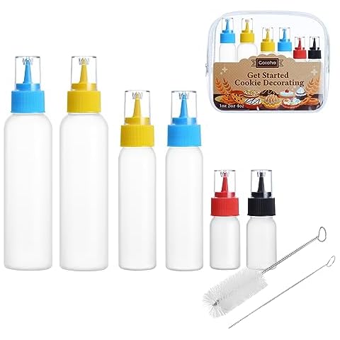 GOLOHO Cookie Icing Bottles, 6 Squeeze Applicator Bottles, 2 each (1, 2 and 4 ounces), Royal Icing Tools, Cake Sugar Cookie Decorating Supplies, Food Coloring, Frosting, Pancake Arts and Crafts Kit Cover