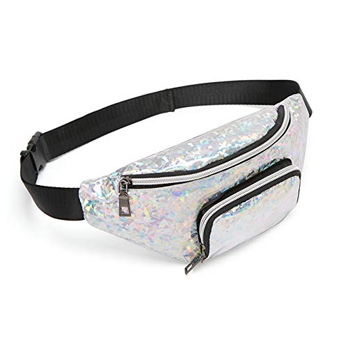 Estwell Riñonera Mujer Hombre Running Cinturón Impermeable Riñoneras de Moda Ajustable Brillante Bolsas de Cintura para Viaje Correr Ciclismo Paseo, Plata