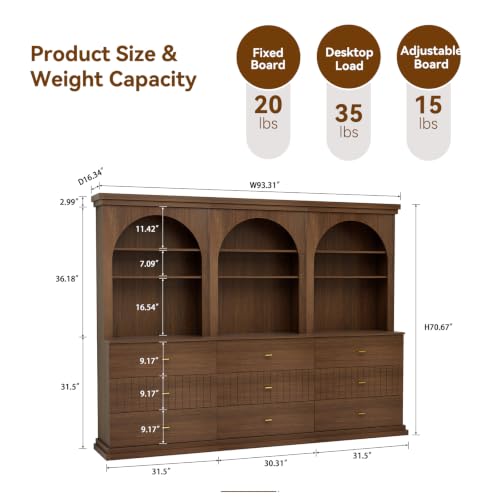 Image of ivaniti 71 inch Arched Kitchen Pantry Cabinet Set of 3 with 9 Drawers, Dark Brown Freestanding Storage Hutch with Open Shelves and Gold Handles for Kitchen, Dining Room