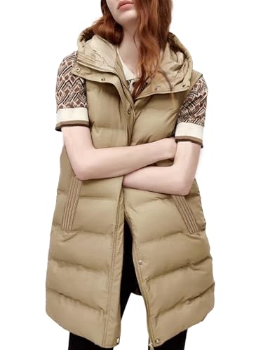 Tanming Women's Long Puffer Vest Casual Sleeveless Puffy Jacket with Removable Hood (Khaki-XS)