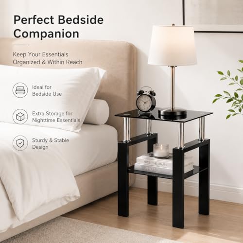 Image of Meihua Tempered Glass End Table, Black Modern Square Side Table with Metal Frame, 2-Tier Glass Accent Table for Living Room, Bedroom, Apartment & Small Spaces