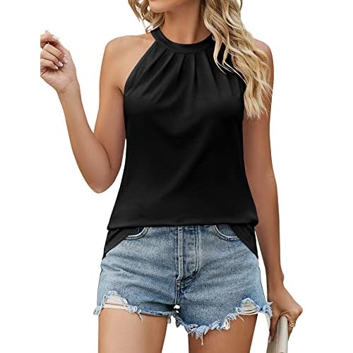 Ivicoer Tank Top for Women Pleated High Neck Halter Tops Casual Sleeveless Shirts Loose Fit S-XXL