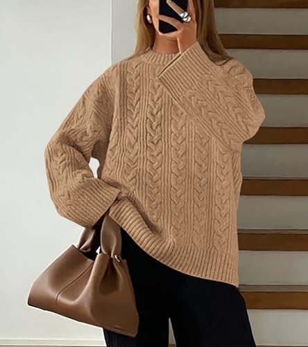 Okiwam Women's Oversized Sweaters Crewneck Cable Knit Pullover Casual Loose Fall Outfits Spring Fashion Clothes 2026-XL Khaki — view 6