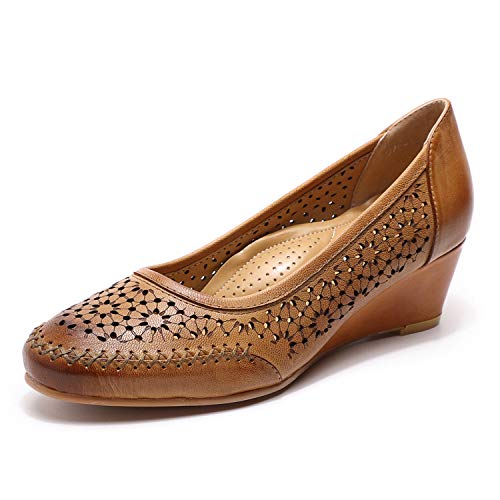 Image of Mona flying Women's Leather Closed Toe Mid Heel Wedges Comfy Dress Pumps