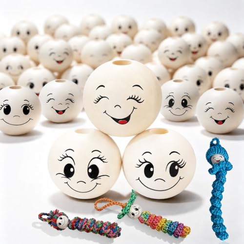 30mm Holzperlen mit Gesicht 66 Stück Smiley Holzkugeln mit Loch HolzköPfe für SorgenwüRmchen GlüCkswüRmchen HäKeln Diy Basteln Weihnachtsdeko
