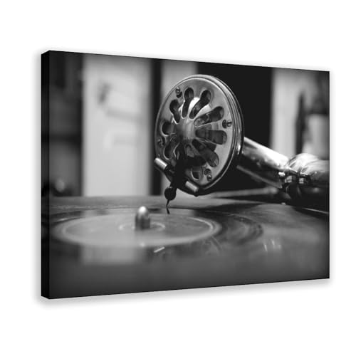 Poster rétro gramophone noir et blanc pour salon et bureau chic