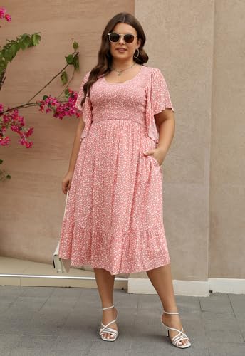 Image of Keluummi Plus Size Wedding Guest Midi Dress for Curvy Women, Summer Casual Boho Floral Empire Waist Party Dress with Pockets(18 Plus, 03 - Pink Floral)