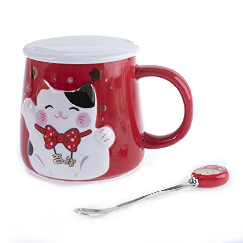 lachineuse - Taza en relieve – Decoración de gato Maneki Neko – Tinte rojo – Acompañada con cuchara – Decoración japonesa – Idea de regalo de Japón Asia