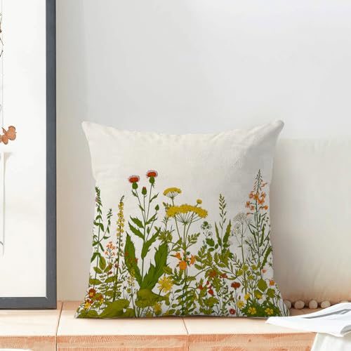 Image of AEIOAE Yellow and Green Pillow Covers 18x18 Inch Set of 2, Spring Wildflower Plant Throw Pillows Case,Seasonal Floral Outdoor Decorative Flowers Farmhouse Decor Cushion Covers for Home Sofa Bed Couch