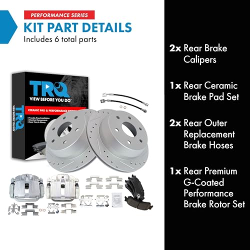 Image of TRQ Performance Rear Brake Pad and Rotor Set Ceramic Slotted Drilled Calipers Compatible with 2000-2001 Chevrolet Tahoe GMC Yukon