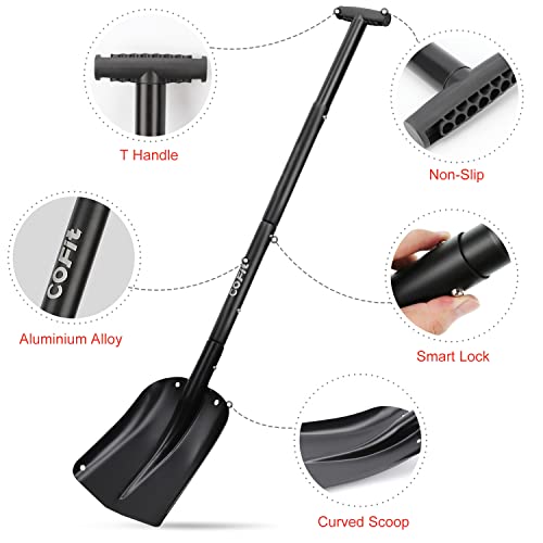 COFIT 110cm Metal Car Snow Shovel Heavy Duty, Long Handled Snow Sand Mud Removal Spade for Outdoor Camping and Garden, Detachable Ice Remover, Winter Tool, Black