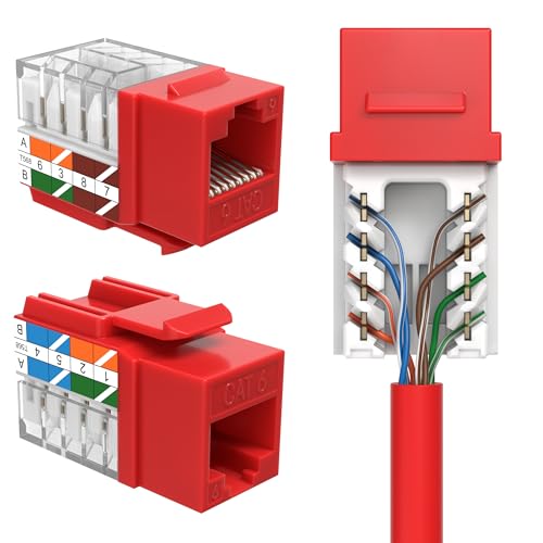 SATMAXIMUM Cat6 Keystone Ethernet Wall Jack Punch Down UTP 45-Degree (Easier Termination Than 90-Degree), RJ45 Slim Profile Speed Termination Red 45° Angled (10 Pack)