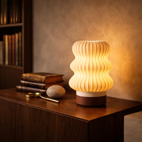 Image of Wavey Mini Table Lamp Modern Wavy Design Bedside Night Lamp, Warm White Glow, 5W Plug-in Decorative Lamp for Bedroom & Home Decor (Brown)