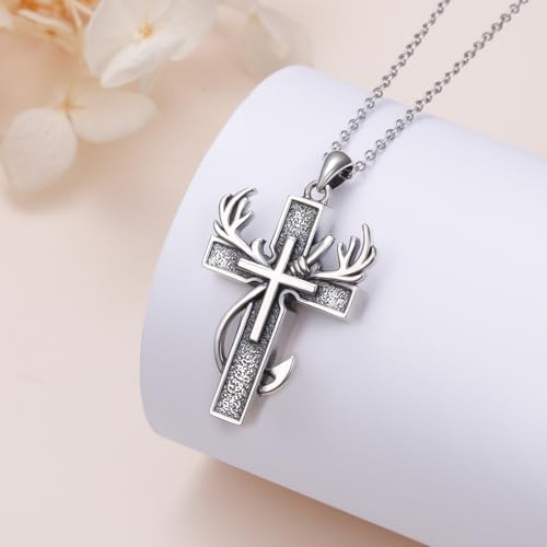 DAOCHONG 925 Sterling Silver Cremation Jewelry Cross Urn Necklace for Ashes for Men Women Fish Hook Memorial Human Pet Urn Pendant Deer Antler Ashes Holder Keepsake Gifts for Loved Ones3