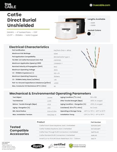 Image of TRUE CABLE Cat5e Direct Burial Bulk Ethernet Cable, Unshielded U /UTP, 500ft, Black, Waterproof, Outdoor OSP Jacket, 24AWG Solid Bare Copper, 350MHz, PoE++ 100W