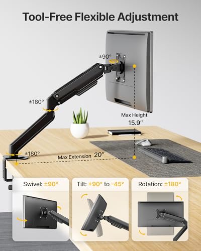 Image of monTEK Single Monitor Arm Mount for 17-32 Inch Screens, Heavy Duty Steel Mechanical Spring Desk Monitor Stand, Full Motion Adjustable Monitor Arm with Clamp & Grommet, VESA 75 /100, Holds up to 20lbs
