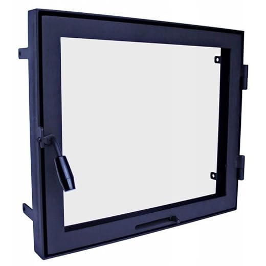 Puerta horno 65 x 50 cm, puerta chimenea con cristal para horno pizzero, hierro fundido. Sentido de apertura: izquierda | El mango está a la derecha. Ventana grande.