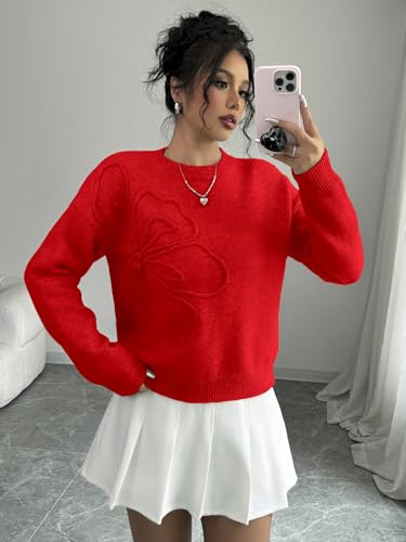 Image of Verdusa Women's Spring 3D Flower Appliques Crewneck Sweaters Long Sleeve Drop Shoulder Pullovers Knit Going Out Tops