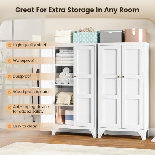 Image of Yizosh Metal Storage Cabinet with Doors and 3 Adjustable Shelves - 47 inch White Kitchen Pantry Storage Cabinet Locker for Kitchen,Living Room,Dining Room