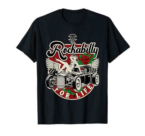 Rock'N' Roll Kleidung u. Geschenke für Rockabilly - Vintage 50s RnR Design - Rockabilly for Life T-Shirt - Schwarz - Unisex - S - V-Ausschnitt -...