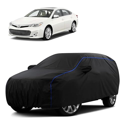 Image of Sulfar 100% Water Resistant Car Body Cover Compatible with Mirror for Toyota Avalon (Triple Stitched, Full Bottom Elastic, Black Tafetta with Blue Piping)