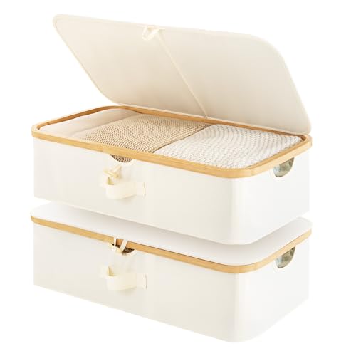 StorageWorks 2-Pack Underbed Storage Box with Bamboo Frame, 42L Flip-Top Under Bed Container for Blankets, Bed Sheets, Coverlets and Towels, Beige