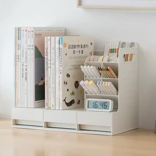 YHOMBES 卓上収納 デスクオーガナイザー 組み立て不要 デスク上置き棚 卓上置棚 デスク棚 整理整頓 オーガナイザー ペン立て 収納ボックス 棚 文房具 小物入れ 化粧品収納 多機能 机上ラック おしゃれ ブックスタンド デスク周り 収納(ホワイトA-ホワイト引き出し)