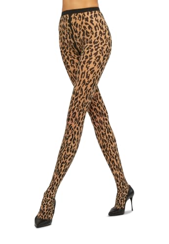 Wolford Josey Tights for Women Leo Design Sheer Opaque Animal-Inspired Print Knitted-in Waistband For Guaranteed Perfect Fit Fairly Light/Black Medium