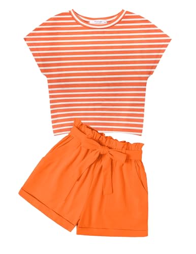 Image of Arshiner Girls 2 Piece Outfit Summer Drop Shoulder Batwing Sleeve Tops and Paperbag Waist Shorts Set Cute Clothing Size 6-14