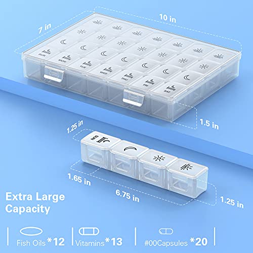 Image of Pill Organizer 4 Times a Day, BUG HULL Extra Large Weekly Pill Box Case, 7 Day Vitamin Container Daily Pill Holder for Fish Oils, Vitamins, Supplements (White)
