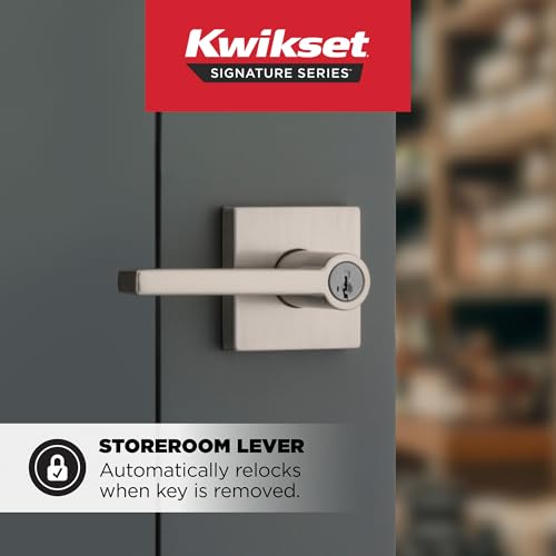 Image of Kwikset Halifax Keyed Storeroom Entry Door Handle with Lock and Key, Secure Keyed Reversible Lever Exterior, Front Entrance and Bedrooms, Satin Nickel, Pick Resistant SMT Rekey Security and Microban
