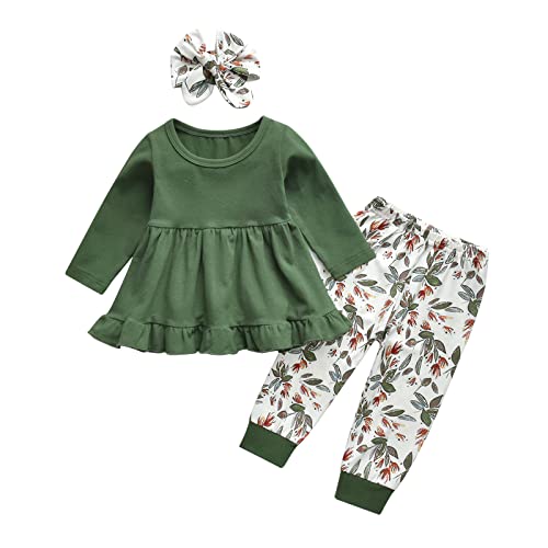 Image of Toddler Baby Girl Clothes Solid Color Long Sleeve Ruffle Tops Pants Headband Outfits Set