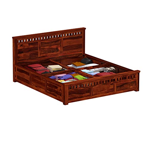 Image of Solid Sheesham Wood Kuber King Size Bed with Box Storage | Palang Cots Wooden Double Beds for Bedroom, Living Room, Hotel and Home (Honey Finish)