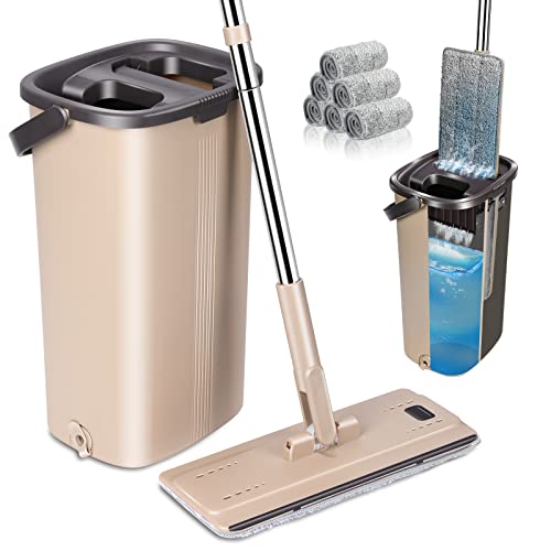 Hevol Flat Floor Mop And Bucket Set, Hands Free Squeeze Mop And Bucket With 6 Reusable Microfiber Mop Pads, Wet And Dry Use, Home Floor Cleaning System For Hardwood Laminate Tile #TOP6