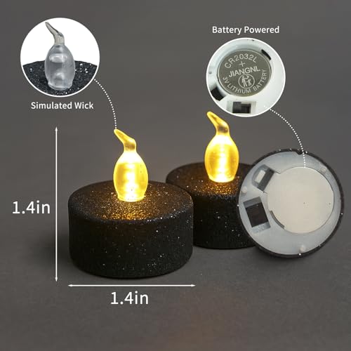 Image of 12PCS Black Tea Lights with Timer,Glitter Sparkly Tealights Candles Warm White Flickering Battery Operated for Gothic Wedding, Valentine's Day Home Decorations