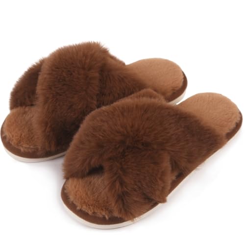 Women's Fuzzy Fluffy House Slippers with Cute Plush Memory Foam Insoles, featuring a Cross Band Design, suitable for Indoor and Outdoor Wear