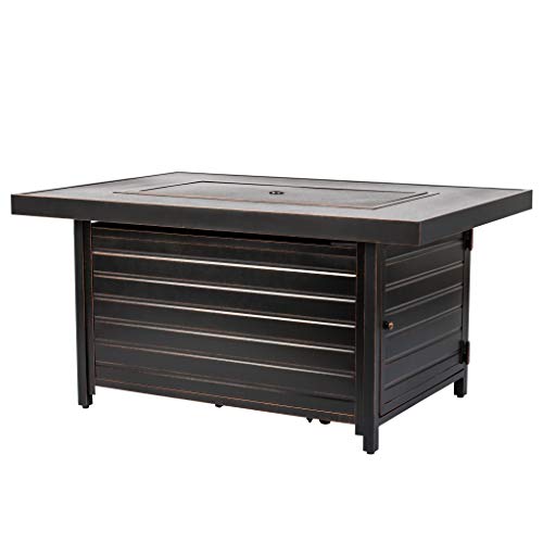Fire Sense Finn Rectangular Aluminum Lpg Fire Pit Table | Antique Bronze Brushed Finish | 50,000 Btu Output | Uses 20 Pound Propane Tank | Fire Bowl Lid, Vinyl Weather Cover, And Clear Fire Glass #TOP1