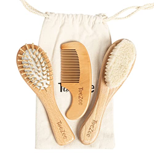 ToeZee Wooden Baby Hair Brush Set | Infant, Toddler Baby Hair Products Including Soft Goat Hair Brush for Cradle Cap, Bamboo Toddler Hair Brush, Hairbrush Comb for Scalp Grooming with Travel Bag
