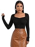 DIDK Damen Crop Langarm Shirts Rüschen Oberteil Einfarbig Basicshirt Elegant T-Shirt Langarmshirts mit Herzausschnitt Schwarz M