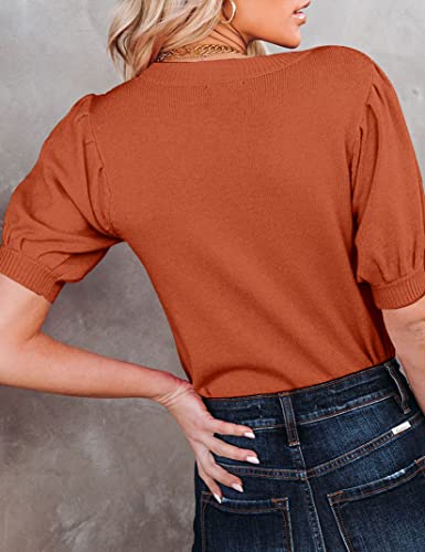 Image of Womens Puff Short Sleeve Sweater Tops Crewneck Basic Knit Pullover Lightweight Casual Sweaters