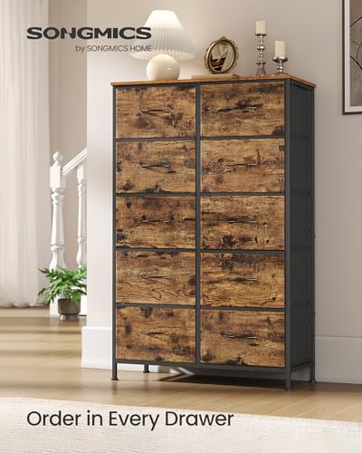 Image of SONGMICS BELLAH Collection - Dresser for Bedroom, Chest of Drawers, Storage Organizer Unit, Closet, Entryway, Steel, 10 Drawers, Industrial, Rustic Brown and Ink Black ULGS125B02S