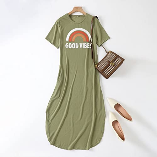 Image of Womens Good Vibes Rainbow Sleeveless Funny Grapic Maxi Dress Summer Casual Letter Tank Dresses with Pockets