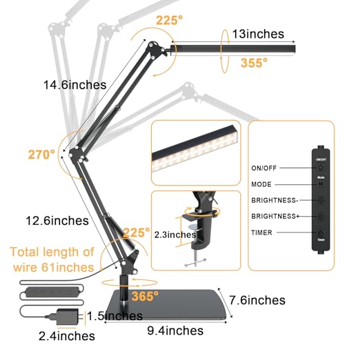 LED Desk Lamp for Home Office and Round Base, Clamp-On with 5 Light Modes & Auto Shut Off | 14W Adjustable Brightness 5000K Eye-Caring Lighting for Study/Bedroom/Computer Desk - Image 5