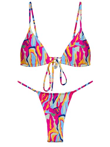 Image of OWICA Women's Sexy Triangle Bikini Sets Cheeky Thong Swimsuit Adjustable Spaghetti Straps Bathing Suit