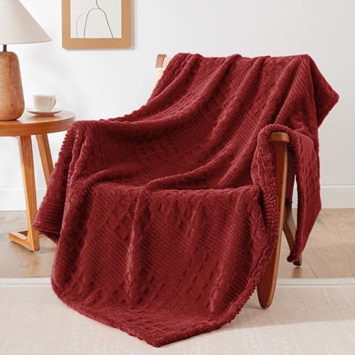 EXQ Home Red Fleece Throw Blanket for Couch or Bed Waffle Pattern Decor