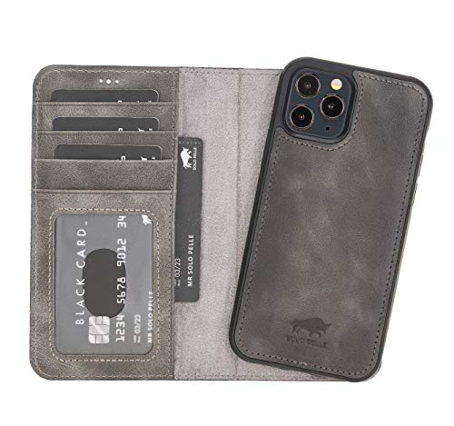 Solo Pelle Lederhülle kompatibel für iPhone 12/12 Pro in 6.1 Zoll abnehmbare Hülle (2in1) inkl. Kartenfächer für das original Apple iPhone (Steingrau) Cover