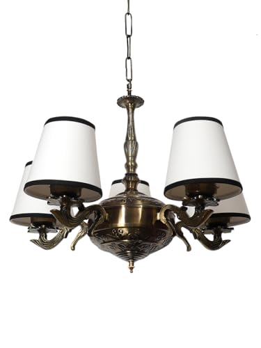 Image of Devansh 05 Lights White & Black conical Cotton Shade with Antique Golden Chandelier