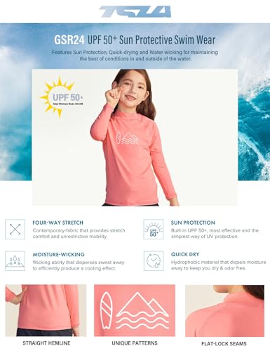 Image of TSLA Girls Long Sleeve Rash Guard Shirt, UV /SPF Water Beach Surf Swim Top, UPF 50+ Sunscreen Swimwear Shirts