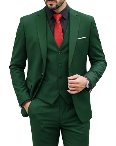 MY'S Men's 3 Piece Suit Set with Tie, One Button Slim Fit Solid Jacket Vest Pants, Prom Party Wedding Business Suits for Men, Deep Green Medium